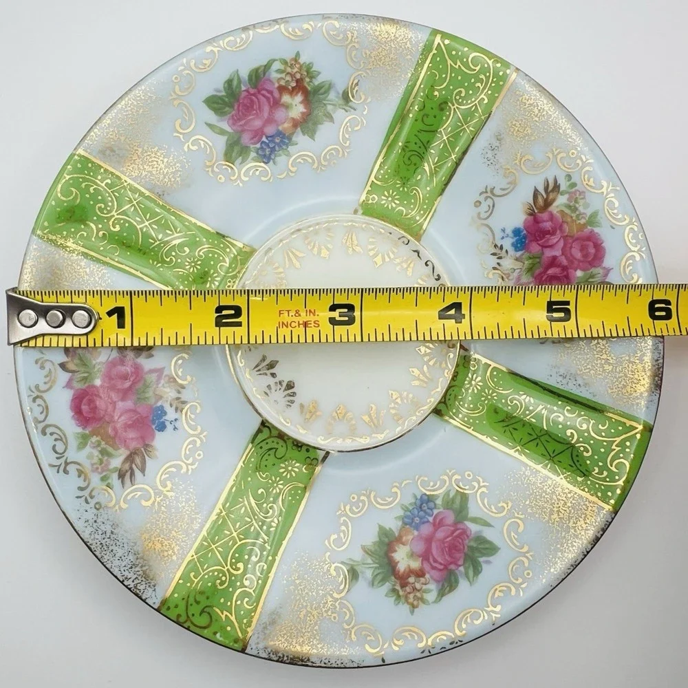 Wales Porcelain Teacup Saucer Lusterware Floral Green Gold Japan Vintage Set